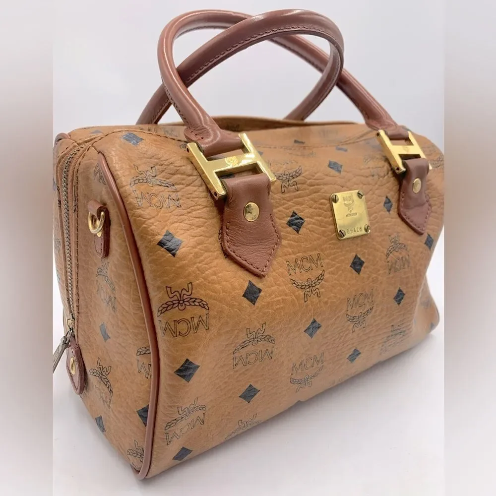 Auth MCM Visetos Cognac Brown Coated Canvas Leather Boston Tote Handbag Preloved